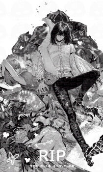 1boy 1girl ahoge arthropod_boy arthropod_limbs breasts fate/grand_order fate_(series) fujimaru_ritsuka_(female) greyscale highres insect_wings kabe43 long_sleeves medium_hair monochrome oberon_(fate) oberon_(third_ascension)_(fate) phone pile_of_trash shirt skirt trash wings