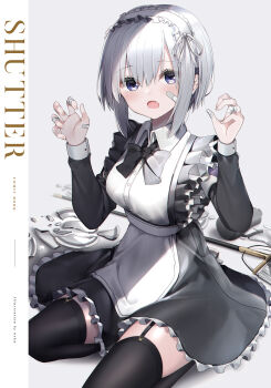 1girl :o absurdres apron armband bandaged_fingers bandages bandaid bandaid_on_cheek bandaid_on_face black_bow black_dress black_thighhighs blush bow breasts broken_plate coffee_pot dress fang frilled_dress frilled_hairband frills garter_straps grey_hair hair_between_eyes hairband hands_up highres long_sleeves looking_at_viewer maid medium_breasts mop neku_(neku_draw) open_mouth original plate purple_eyes seiza sitting solo thighhighs waist_apron white_apron white_hairband