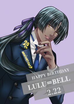 1girl anniversary birthday black_hair black_nails blue_coat blue_necktie blunt_bangs buttons coat d.gray-man dark-skinned_female dark_skin dress_shirt english_text facial_mark floating_hair forehead_mark hair_over_shoulder hair_ribbon happy_birthday highres lips long_hair long_sleeves looking_at_viewer low_ponytail lulu_bell mature_female necktie noah_(d.gray-man) parted_lips pink_lips ponytail purple_background purple_ribbon ribbon shirt sidelocks simple_background solo very_long_hair white_shirt yellow_eyes yu_chocochip