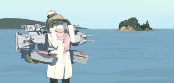 Rule 34 | 1girl, bird, black gloves, black pantyhose, blue sky, breath, closed eyes, coat, day, gloves, grey hair, hat, highres, imai tetsuya, island, kantai collection, long hair, long sleeves, mountain, ocean, open mouth, outdoors, pantyhose, pink scarf, pola (kancolle), pola (mitsukoshi) (kancolle), rigging, scarf, shaded face, shading eyes, sky, solo, torii, water, wavy hair, white coat