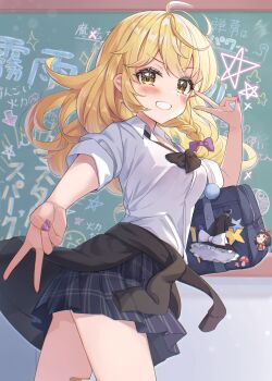 1girl absurdres alternate_costume bag bag_charm black_bow black_bowtie black_skirt black_sweater blonde_hair blue_bag blush bow bowtie braid breasts chalkboard character_charm charm_(object) clothes_around_waist collared_shirt commentary_request cowboy_shot double_v earrings from_side grin gyaru gyaru_v hair_bow hakurei_reimu highres jewelry kirisame_marisa long_hair looking_at_viewer loose_bowtie medium_breasts nail_polish open_mouth plaid_clothes plaid_skirt pleated_skirt purple_bow purple_nails school_bag school_uniform shirt short_sleeves side_braid single_braid skirt sleeves_rolled_up smile solo standing star_(symbol) star_earrings sweater sweater_around_waist touhou translation_request twisted_torso v wheat_retzel white_shirt yellow_eyes