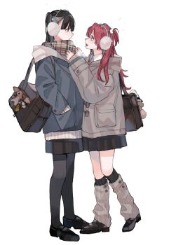 2girls bag black_hair black_pantyhose black_shoes black_skirt blush brown_bag brown_sweater closed_mouth commentary_request earmuffs grey_jacket grey_leg_warmers highres inkya_gyaru_demo_ikigaritai! jacket kashiwagi_tsukiko kuran_arisa leg_warmers long_hair long_sleeves multiple_girls ogino_ichiko open_mouth pantyhose red_eyes red_hair school_bag school_uniform shoes shoulder_bag simple_background skirt sweater teeth twintails two_side_up upper_teeth_only white_background