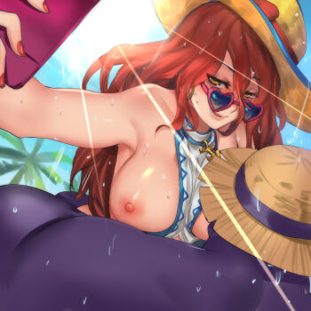 1boy 1girl armpits between_breasts blue-tinted_eyewear blue_eyes breasts colored_skin dr._mundo earrings grin hat heart heart-shaped_eyewear hoop_earrings jewelry large_breasts league_of_legends long_hair looking_at_viewer miss_fortune_(league_of_legends) nail_polish nipples pd_(pdpdlv1) pool_party_miss_fortune pool_party_mundo purple_skin red_hair red_nails selfie smile sun sun_hat sunglasses tinted_eyewear wet
