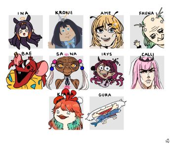 Rule 34 | 6+girls, alien, animal ears, bald, bee movie, bird, blonde hair, blue eyes, blue hair, ceres fauna, chef hat, chicken, deformed, e.t., fins, fish tail, gawr gura, hair ornament, hakos baelz, halo, hat, highres, hololive, hololive english, horns, irys (hololive), jojo no kimyou na bouken, limiter (tsukumo sana), long hair, mori calliope, mouse (animal), mouse ears, multiple girls, nanashi mumei (artist), ninomae ina'nis, orange hair, ouro kronii, parody, pink eyes, pink hair, portrait, purple hair, shark tail, silver hair, simple background, tail, takanashi kiara, teeth, tentacle hair, tentacles, the fairly oddparents, tsukumo sana, twintails, virtual youtuber, watson amelia, white background, yellow eyes