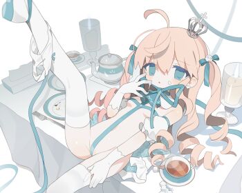1girl ahoge ascot blue_ascot blue_eyes blue_ribbon breasts candle candlestand collar cross_bikini crotch_strap crown cum cum_string cup daizu_(melon-lemon) detached_collar detached_sleeves drill_hair earrings fork gloves hair_between_eyes hair_ribbon hand_in_thighhighs heart heart_earrings jewelry leg_up loli long_hair looking_at_viewer lying mini_crown naked_ribbon neck_ribbon on_back on_table orange_hair original panties panties_around_leg plate puffy_short_sleeves puffy_sleeves ribbon short_sleeves small_breasts solo sugar_cube table tablecloth teacup teapot tenshi_kaiwai thighhighs tissue_box two_side_up underwear white_background white_collar white_footwear white_gloves white_panties white_sleeves white_thighhighs