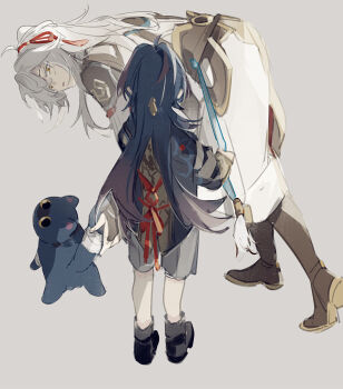age_difference aged_down alternate_costume bent_over black_boots blade_(honkai:_star_rail) blue_hair boots cat chinese_clothes from_behind hair_over_one_eye highres holding honkai:_star_rail honkai_(series) jing_yuan long_hair long_sleeves looking_at_another looking_back male_focus mississipping multiple_boys pants ponytail red_ribbon ribbon short_hair simple_background white_hair yellow_eyes