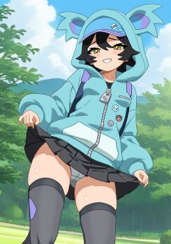 1girl aqua_hoodie black_hair black_skirt blue_hat cameltoe cloud commentary_request day grass grin hair_between_eyes hat hat_under_hood highres hood hood_up hoodie looking_down mori_hayaki nintendo nyabiko_(pokemon) outdoors panties pleated_skirt pokemon pokemon_(anime) pokemon_horizons raised_inner_eyebrows short_hair skirt sky smile solo teeth thighhighs tree underwear yellow_eyes zipper zipper_pull_tab