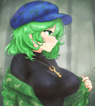 1girl black_shirt breasts camouflage camouflage_shirt flat_cap green_eyes green_hair green_shirt hat highres hinben jewelry key key_necklace large_breasts necklace rain shirt solo touhou wet wet_clothes yamashiro_takane