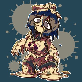 1girl :d amerika_zarigani breasts commentary_request cookie_(touhou) crop_top full_body green_sailor_collar grey_eyes grey_hair highres medium_breasts melting midriff milk_(cookie) monster_girl murasa_minamitsu navel neckerchief open_mouth red_neckerchief sailor_collar shirt short_hair shorts slime_(substance) slime_girl slimification smile solo touhou virus white_headwear white_shirt white_shorts