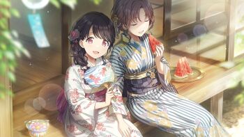 2girls asakura_toru black_hair blue_hair closed_eyes fang food fruit fukumaru_koito game_cg hand_fan holding idolmaster idolmaster_shiny_colors idolmaster_shiny_colors_song_for_prism japanese_clothes kimono leaf multicolored_hair multiple_girls official_art plate purple_hair red_eyes sitting skin_fang watermelon watermelon_slice wooden_floor