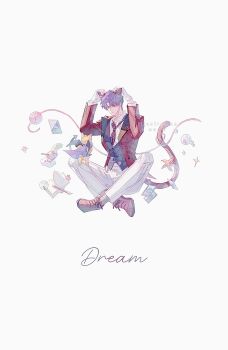 1boy animal_ears book boots brown_boots cat_boy cat_ears cat_tail chaoxibumian collared_shirt gloves grey_vest highres holding_own_ears indian_style jacket kemonomimi_mode love_and_deepspace male_focus paintbrush panties parted_lips purple_hair rafayel_(love_and_deepspace) red_jacket shirt short_hair sitting solo starfish suit_jacket tail underwear vest waistcoat white_background white_gloves white_panties white_shirt yarn yarn_ball