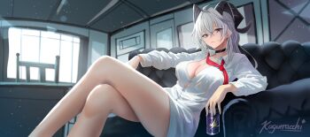 1girl absurdres ahoge bare_legs black_choker black_horns breasts button_gap can choker closed_mouth collared_shirt commentary couch crossed_legs curled_horns drink_can earrings english_commentary feet_out_of_frame grey_hair hair_between_eyes highres holding holding_can horns indoors jewelry kaguracchi_(kaguracchi77) key_earrings large_breasts legs long_hair long_sleeves looking_at_viewer loose_necktie mole mole_under_eye necktie no_bra on_couch red_eyes red_necktie shirt signature sitting solo white_shirt wuthering_waves zani_(wuthering_waves)