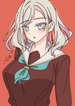 1girl absurdres aqua_neckerchief aria_(stareikachan) blue_eyes blush breasts brown_dress ceras_yanagida_lilienfeld commentary_request dress grey_hair hair_ribbon hasu_no_sora_school_uniform highres large_breasts link!_like!_love_live! long_sleeves looking_at_viewer love_live! neckerchief one-hour_drawing_challenge orange_background parted_lips pink_ribbon ribbon sailor_collar sailor_dress school_uniform signature simple_background solo upper_body virtual_youtuber white_sailor_collar winter_uniform