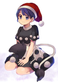 Rule 34 | 1girl, animal, baku (creature), black dress, blue eyes, blue hair, commentary request, doremy sweet, dress, feet out of frame, hat, highres, holding, holding animal, kneeling, nightcap, pom pom (clothes), short sleeves, shukinuko, smile, tail, tapir tail, touhou, two-tone dress, white dress