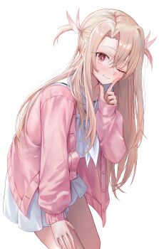 1girl ;) absurdres blonde_hair blush cardigan closed_mouth commentary fate/kaleid_liner_prisma_illya fate_(series) feather_hair_ornament feathers hair_ornament highres illyasviel_von_einzbern kaze_22 korean_commentary leaning_forward long_hair long_sleeves looking_at_viewer neckerchief one_eye_closed pink_cardigan pink_eyes puffy_long_sleeves puffy_sleeves sailor_collar school_uniform serafuku shirt simple_background skirt smile solo two_side_up white_background white_neckerchief white_sailor_collar white_serafuku white_shirt white_skirt