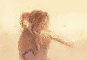 1girl aerith_gainsborough bangle bracelet braid braided_ponytail brown_hair canteatea closed_eyes commentary english_commentary falling_petals final_fantasy final_fantasy_vii final_fantasy_vii:_advent_children hair_ribbon highres jacket jewelry long_hair own_hands_clasped own_hands_together parted_bangs petals pink_ribbon praying red_jacket ribbon short_sleeves sidelocks simple_background single_braid solo upper_body wind yellow_background yellow_petals