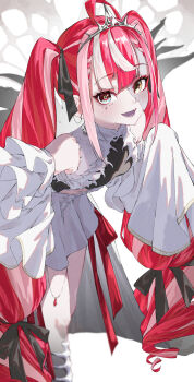 absurdres azusa_(azunyan12) bare_shoulders black_bow bone bow colored_skin curly_hair diamond-shaped_pupils diamond_(shape) dress ear_chain frilled_sleeves frills gradient_eyes grey_skin hair_bow heterochromia highres hololive hololive_indonesia jewel_under_eye kureiji_ollie kureiji_ollie_(rebirth) leaning_forward linked_piercing long_hair looking_up multicolored_eyes multicolored_skin patchwork_skin pleated_sleeves red_bow red_hair sleeves_past_fingers sleeves_past_wrists stitched_arm stitched_face stitches symbol-shaped_pupils thighhighs tiara torn_cloth twintails virtual_youtuber white_background white_dress white_hair x-shaped_pupils zombie