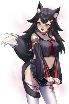 1girl :d absurdres animal_ears averting_eyes bell black_hair black_serafuku black_shirt black_skirt black_sleeves black_tail blush choker cropped_shirt detached_sleeves double-parted_bangs eredhen fang flipped_hair hair_between_eyes hashtag-only_commentary highres hololive jingle_bell kouhaku_nawa long_hair low-tied_long_hair midriff miniskirt multicolored_hair navel neckerchief nose_blush ookami_mio ookami_mio_(1st_costume) open_mouth pleated_skirt red_choker red_hair red_neckerchief rope sailor_collar school_uniform serafuku shimenawa shirt sidelocks simple_background skirt skirt_hold sleeveless sleeveless_shirt smile solo spiked_hair streaked_hair tabi tail tail_around_own_leg tail_wrap thighhighs very_long_hair virtual_youtuber white_background white_hair white_sailor_collar white_thighhighs wolf_ears wolf_girl wolf_tail yellow_eyes