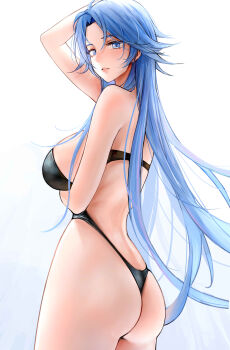 1girl absurdres arm_under_breasts arm_up ass azur_lane back black_one-piece_swimsuit blue_eyes blue_hair breasts casual_one-piece_swimsuit cl_(summer_sama) cowboy_shot from_behind highres large_breasts long_hair looking_at_viewer looking_back monokini official_alternate_costume one-piece_swimsuit parted_lips sideboob simple_background skindentation smile solo sovetskaya_belorussiya_(azur_lane) sovetskaya_belorussiya_(ripples_and_a_fluttering_veil)_(azur_lane) swimsuit very_long_hair white_background