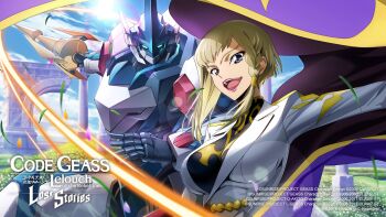 1girl arch arm_up asymmetrical_hair black_shirt blonde_hair blue_eyes blue_sky braid breasts cape cloud code_geass code_geass:_lost_stories commentary commentary_request day english_commentary f4samurai falling_petals field flower flower_field forked_eyebrows game_cg grass grey_eyes hair_tubes happy highres holding holding_polearm holding_weapon jacket knights_of_the_round_uniform lance lancelot_(code_geass) lancelot_club large_breasts lens_flare lipstick long_sleeves looking_at_viewer makeup military_uniform nonette_enneagram official_art open_mouth outdoors outstretched_arm petals pillar polearm purple_cape red_lips shirt short_hair sidelocks single_braid sky smile solo standing sun sunlight teeth tongue tree two-sided_cape two-sided_fabric upper_body weapon white_flower white_jacket