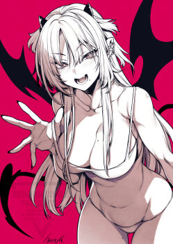 1girl blush bra breasts character_request cleavage collarbone commentary_request copyright_request demon_girl demon_horns demon_tail ear_piercing fang greyscale greyscale_with_colored_background horns large_breasts looking_at_viewer mole mole_on_breast mole_under_mouth monochrome open_mouth panties piercing red_background simple_background skin_fang solo tail takatsuki_ichi underwear underwear_only