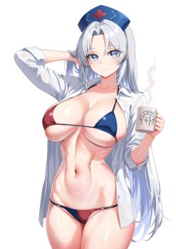 Rule 34 | 1girl, absurdres, alternate costume, alternate hairstyle, arm up, bikini, blue bikini, blue hat, blush, breasts, cleavage, closed mouth, collarbone, commentary, constellation print, cowboy shot, cross, cross print, cup, grey hair, hat, highres, holding, holding cup, large breasts, leo23, long hair, long sleeves, looking at viewer, micro bikini, mug, navel, nurse cap, open clothes, open shirt, print hat, purple eyes, red bikini, red cross, shirt, simple background, solo, steam, stomach, swimsuit, touhou, very long hair, white background, white shirt, yagokoro, yagokoro eirin