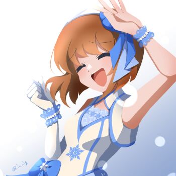 1girl ^_^ arm_up bead_bracelet beads bob_cut bracelet brown_hair closed_eyes closed_mouth commentary dress elbow_gloves eyelashes gloves gradient_background hagiwara_yukiho highres idolmaster idolmaster_(classic) idolmaster_million_live! idolmaster_million_live!_theater_days innig inverted_bob jewelry lace_wrist_cuffs light_blush open_mouth short_hair single_elbow_glove single_glove smile snowflake_print solo symbol-only_commentary teeth twitter_username upper_teeth_only white_background white_dress