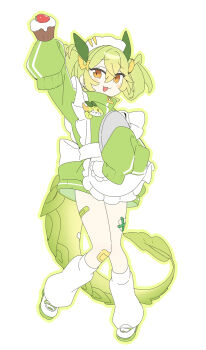 1girl 3_ma_me :3 alternate_costume apron bandaid bandaid_on_leg bandaid_on_tail bow cupcake dragon_girl dragon_horns dragon_tail duel_monster food frilled_apron frills full_body green_hair green_jacket green_tail highres horns jacket jersey_maid leg_warmers long_sleeves maid maid_apron parlor_dragonmaid simple_background sleeves_past_fingers sleeves_past_wrists standing standing_on_one_leg tail track_jacket track_suit turtleneck turtleneck_jacket unconventional_maid waist_apron white_apron white_background white_bow white_leg_warmers yellow_eyes yu-gi-oh! zipper_pull_tab