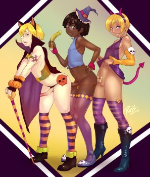 3boys anal animal_ears arched_back blush boots crossdressing crossdressing_(mtf) dark_skin dildo glasses highres horns male_penetrated multiple_boys rajii sex_toy shota skull thighhighs trap trap_on_trap walking_cane yaoi