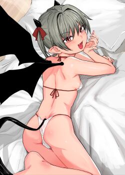 1girl absurdres ass bikini breasts cover cover_page demon_girl demon_tail demon_wings fangs grey_hair highres kinomoto_(nazonoinu) looking_at_viewer looking_back lying on_stomach original pointy_ears red_eyes small_breasts smile solo swimsuit tail textless_version white_bikini wings