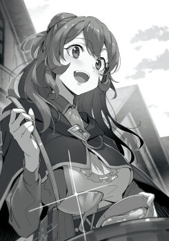 1girl :d ascot astraea_record bowl breasts cape dungeon_ni_deai_wo_motomeru_no_wa_machigatteiru_darou_ka flipped_sidelocks food greyscale hand_up highres holding holding_bowl holding_ladle kakage ladle long_hair medium_breasts monochrome novel_illustration official_art open_mouth outdoors smile solo soup soup_ladle syr_flover third-party_source upper_body