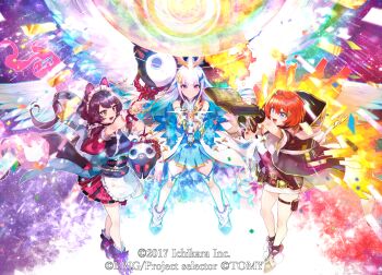 3girls :d ange_katrina animal animal-themed_weapon animal_ears animal_on_head ankle_boots apron arm_guards arm_up armored_animal bare_shoulders belt bird bird_on_head black_coat black_sash blue_dress blue_eyes blue_hair blunt_bangs book boots bracer breasts brown_belt brown_hair brown_kimono brown_tail closed_mouth coat colored_inner_hair colorful_background copyright_notice dog_ears dog_girl dog_tail dress dual_wielding fang fire floating_clothes floating_hair flower frilled_apron frills gloves gradient_eyes group_picture hair_between_eyes hair_flower hair_intakes hair_ornament hand_guard helmet heterochromia highres hitoto holding holding_book holding_mace holding_sword holding_test_tube holding_weapon hood hood_down inui_toko japanese_clothes kimono layered_dress light_particles lize_helesta long_hair low_twintails mace magic maid_headdress medium_breasts miniskirt multicolored_eyes multicolored_hair multiple_girls multiple_wings nijisanji obi obiage obijime official_alternate_costume official_art on_head open_book open_clothes open_coat open_mouth pouch purple_eyes red_eyes red_hair red_ribbon red_skirt ribbon sanbaka_(nijisanji) sash sebastian_piyodore short_dress short_hair short_sleeves sidelocks skirt sleeveless sleeveless_dress small_breasts smile spread_wings streaked_hair sword sword_in_front_of_face tail tail_under_clothes test_tube test_tube_holster thigh_pouch thigh_strap thighhighs transparent_weapon triangle_hair_ornament twintails two-tone_hair underbust very_long_hair virtual_youtuber waist_apron weapon white_apron white_boots white_dress white_gloves white_hair white_headdress white_thighhighs white_wings winged_boots wings wixoss yellow_bird yellow_eyes