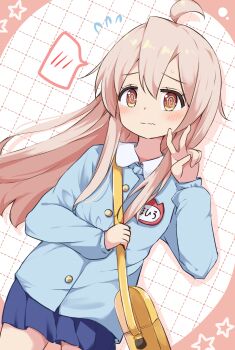 1girl @_@ ahoge bag blue_shirt blue_skirt blush brown_eyes character_name closed_mouth collared_shirt commentary_request flying_sweatdrops highres kazura kindergarten_uniform long_hair long_sleeves miniskirt name_tag onii-chan_wa_oshimai! oyama_mahiro pink_hair pleated_skirt revision shirt shoulder_bag skirt solo speech_bubble spoken_blush v wavy_mouth yellow_bag