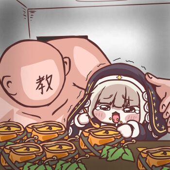 Rule 34 | 1boy, 1girl, blank room soup, blonde hair, blush stickers, chibi, clothed female nude male, coif, commentary request, eating, faceless, faceless male, food, furrowed brow, highres, holding, holding spoon, indoors, intoushi, leader (trickcal), nude, nun, open mouth, parody, pumpkin, pumpkin soup, soup, speaki (trickcal), spoon, tearing up, trembling, trickcal