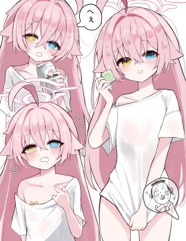1girl @_@ absurdres ahoge asahi_breweries bandaid bandaids_on_nipples beer_can blue_archive blush can chii_(k_ung) collarbone doodle_sensei_(blue_archive) drink_can drunk hair_flaps halo heart heart-shaped_pupils heterochromia highres holding holding_can hoshino_(blue_archive) loli long_hair looking_at_viewer loose_clothes loose_shirt multiple_views naked_shirt pasties pink_hair sensei_(blue_archive) shirt shirt_tug simple_background single_bare_shoulder spoken_expression straight_hair sweat symbol-shaped_pupils t-shirt very_long_hair white_background white_shirt