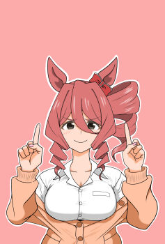 1girl animal_ears bow breasts brown_cardigan brown_hair cardigan collared_shirt commentary_request drill_hair drill_sidelocks ear_bow hair_between_eyes highres horse_ears horse_girl igouichigata index_fingers_raised kasamatsu_tracen_school_uniform large_breasts looking_at_viewer norn_ace_(umamusume) pink_background red_bow school_uniform shirt side_drill sidelocks simple_background single_drill solo umamusume umamusume:_cinderella_gray upper_body white_shirt