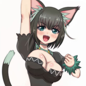 Rule 34 | 1girl, :d, animal ear fluff, animal ears, aqua eyes, arm up, black dress, black hair, blush, breasts, cat ears, cat girl, cat tail, cleavage, commentary request, dress, happy, highres, isekai shikkaku, large breasts, looking at viewer, matilda (isekai shikkaku), medium hair, open mouth, smile, solo, t jiroo (ringofriend), tail, tama (isekai shikkaku), teeth, upper teeth only