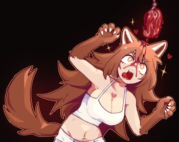 1girl animal_ears blood blood_on_face brown_fur brown_hair claws food gradient_background heart heart_tattoo highres hook meat meat_hook original pants saliva sparkle tail tank_top tattoo tongue tongue_out white_pants wolf_ears wolf_girl wolf_tail yellow_eyes yumeyuk0