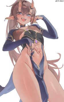 1boy :d arabian_clothes blue_eyes bridal_gauntlets brown_hair commentary demon_boy demon_horns earrings english_commentary hair_between_eyes highres horns jewelry jtveemo long_hair looking_at_viewer male_focus mole mole_on_stomach navel nipples oni open_mouth original pelvic_curtain penis pointy_ears simple_background smile solo stomach thighs trap twitter_username white_background