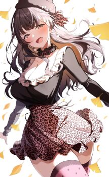 1girl absurdres alternate_breast_size_(larger) animal_print autumn_leaves black_collar black_hair black_hat black_shirt blush breasts brown_eyes cleavage collar commentary_request commission cowboy_shot frilled_collar frills gawawawa hat highres idolmaster idolmaster_shiny_colors large_breasts leaf leopard_print long_hair looking_at_viewer mayuzumi_fuyuko open_mouth pink_thighhighs print_skirt shirt shirt_tucked_in skeb_commission skirt smile solo thighhighs white_background