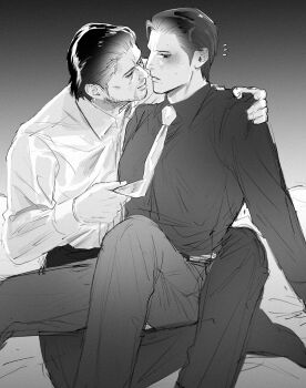 Rule 34 | 2boys, ahoge, beard, blush, clothes grab, commentary request, dojima daigo, dress shirt, facial hair, grabbing another's shoulder, hair slicked back, highres, imminent kiss, male focus, mine yoshitaka, monochrome, multiple boys, necktie, necktie grab, neckwear grab, no jacket, ryuu ga gotoku (series), ryuu ga gotoku 3, shirt, sitting, sitting on lap, sitting on person, tyag53, yaoi