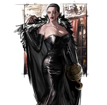 1girl black_dress black_hair breasts cape cleavage collarbone dress elbow_gloves eyeshadow forehead fur_cape genderswap genderswap_(mtf) gloves gown green_eyes hook_hand large_breasts leather leather_gloves makeup nisir0 no_bra one_piece scar scar_on_face scar_on_nose short_hair crocodile_(one_piece) solo_focus strapless strapless_dress