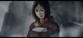 1girl black_cape black_hair black_sclera braid cape closed_mouth colored_sclera crown_braid dress highres hood hood_down hooded_cape lips looking_at_viewer mixed-language_commentary outdoors pink_lips red_eyes serana short_hair snow snowing solo the_elder_scrolls the_elder_scrolls_v:_skyrim vampire xuuikie_ashe