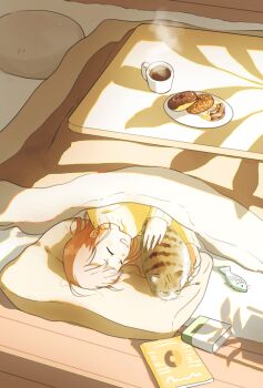 1girl animal book cat coffee coffee_mug commentary_request cup donut food head_on_pillow highres indoors kotatsu long_sleeves lying matsumine_(twin-mix) mug on_side original pet pillow pink_hair plate shadow short_hair sleeping sleeping_animal slice_of_life solo steam steaming_cup sweater table under_kotatsu under_table yellow_sweater