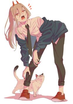 Rule 34 | 1girl, absurdres, animal, bent over, black necktie, black pants, blonde hair, blue jacket, cat, chainsaw man, collared shirt, cross-shaped pupils, dress shirt, fingernails, hair between eyes, highres, horns, ice morinaka, jacket, legs apart, long hair, long sleeves, meowy (chainsaw man), nail polish, necktie, open clothes, open jacket, open mouth, pants, power (chainsaw man), red footwear, red horns, red nails, shirt, shoes, simple background, slip-on shoes, standing, symbol-shaped pupils, teeth, white background, white shirt, yellow eyes