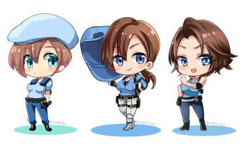 Rule 34 | artist name, beret, blue eyes, blue hat, blue shirt, brown hair, chibi, hat, jill valentine, multiple persona, nagare, pants, ponytail, resident evil, resident evil 1, resident evil 3: nemesis, resident evil 3 (remake), resident evil 5, shirt, shoulder pads, smile
