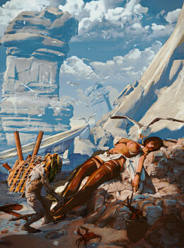 1boy 1girl absurdres beach bird boat bracelet breasts brown_hair bucket cloud cloudy_sky crab diathorn goblin guro highres jewelry large_breasts lying midriff navel nipples on_back open_clothes original outdoors pelvic_curtain rock scratches seagull shore short_hair sky snuff thigh_strap thighhighs torn_clothes watercraft