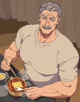 1boy bara chopsticks curtains facial_hair grey_eyes grey_hair grey_shirt highres holding holding_chopsticks holding_spoon hotpot indoors jewelry looking_at_viewer male_focus mature_male muscular muscular_male mustache old old_man open_mouth original ring sa1k0p shirt short_hair smile solo spoon steaming_food upper_body