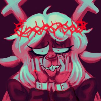 1girl absurdres animal_ears antlers blonde_hair blood blood_from_forehead blood_on_face buck_teeth commentary constricted_pupils crown_of_thorns deer_antlers deer_ears deer_girl deltarune freckles furry furry_female hands_on_own_face highres horns long_eyelashes long_hair noelle_holiday pink_theme red_eyes red_nose red_theme reindeer_antlers reindeer_girl samualcheese solo sweater_vest symbol-only_commentary teeth thorn_ring_(deltarune) utdr_(toby_fox) wavy_mouth weird_route_(deltarune)