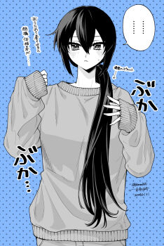 ... 1girl alternate_costume alternate_hairstyle blue_background commentary_request greyscale hair_over_shoulder highres kantai_collection looking_at_viewer machi_(ritovoyage) monochrome nagato_(kancolle) sleeves_past_wrists solo spoken_ellipsis spot_color sweater translation_request